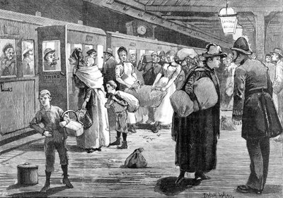 Raccoglitori di luppolo in partenza dalla stazione ferroviaria di London Bridge a mezzanotte, 1891 da Enoch Ward